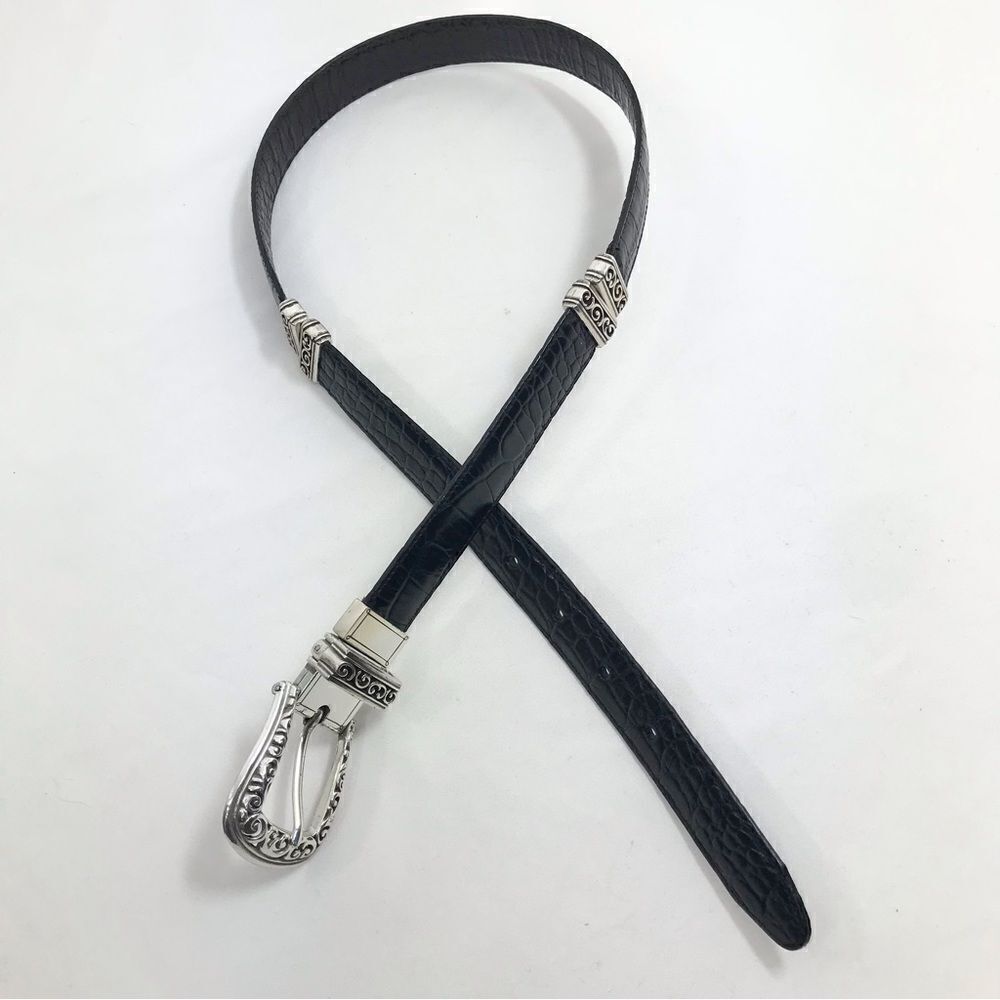 Brighton Black Brown Reptile Embossed Silver Scroll Hardware Reversible Belt
